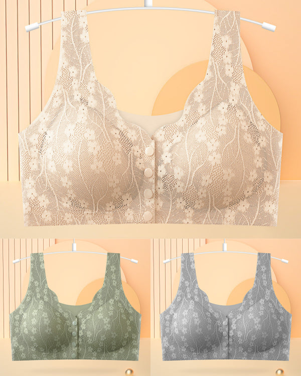 😍【3 darab】【40-100KG】Női vezeték nélküli csipke melltartó elülső rögzítéssel