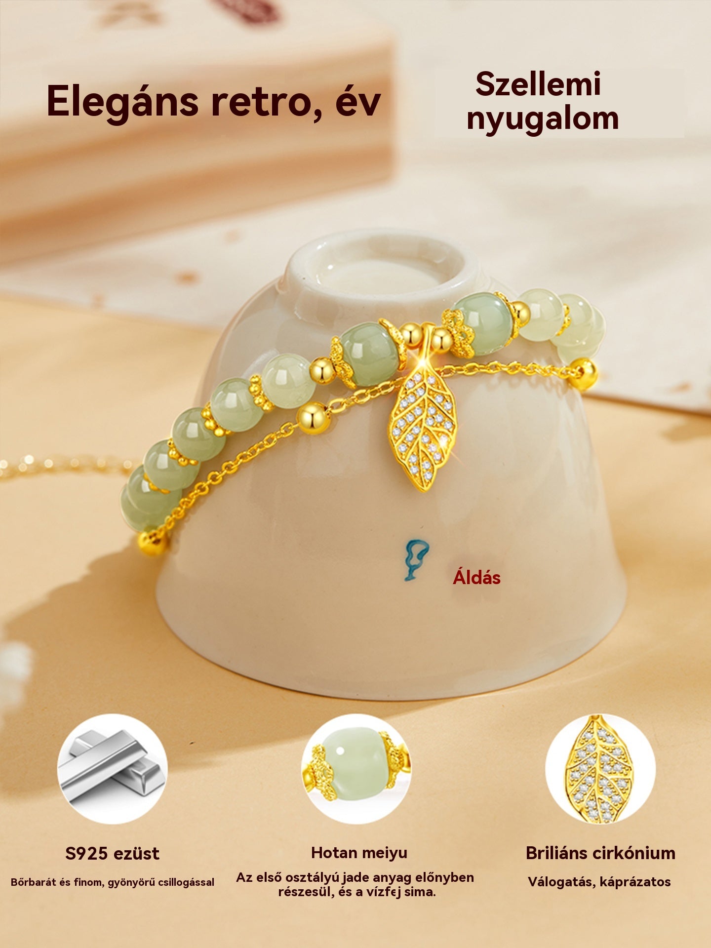 ✨ Vadonatúj 14K arany Hetian jade karkötő