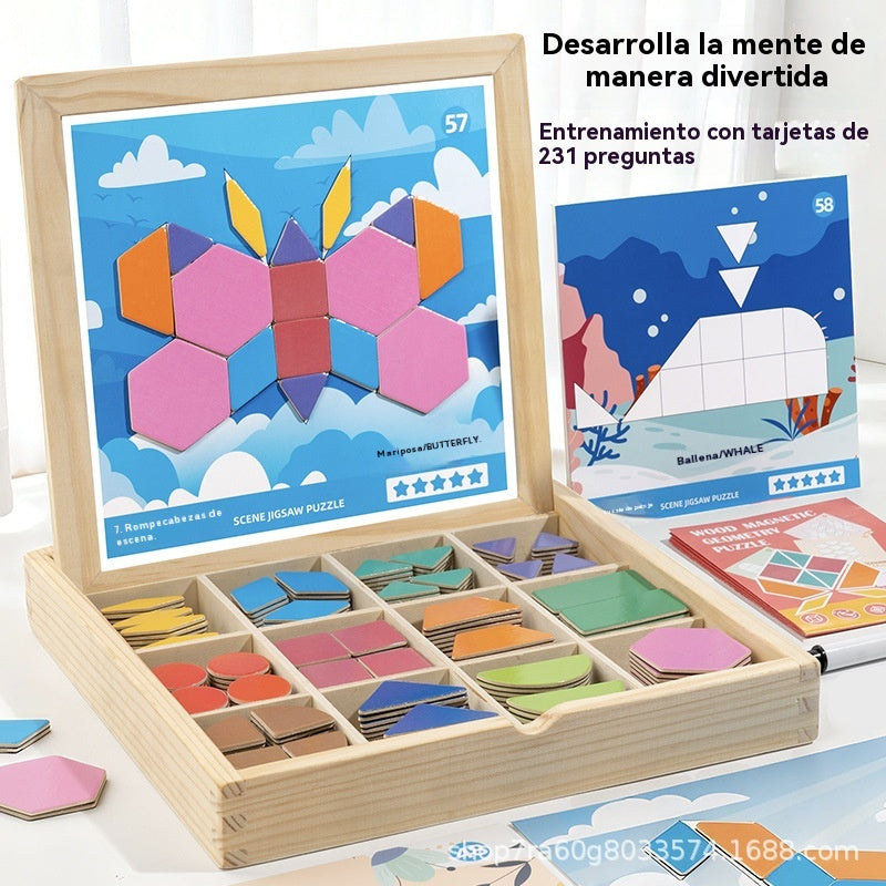 👶🌈🧩【248 darabos】🔥Mágneses fa tangram kirakós játék, agytréning és oktató játék gyerekeknek, gondolkodást serkentő