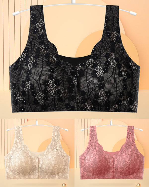 😍【3 darab】【40-100KG】Női vezeték nélküli csipke melltartó elülső rögzítéssel
