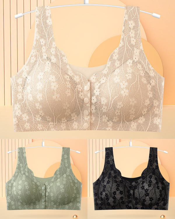 😍【3 darab】【40-100KG】Női vezeték nélküli csipke melltartó elülső rögzítéssel