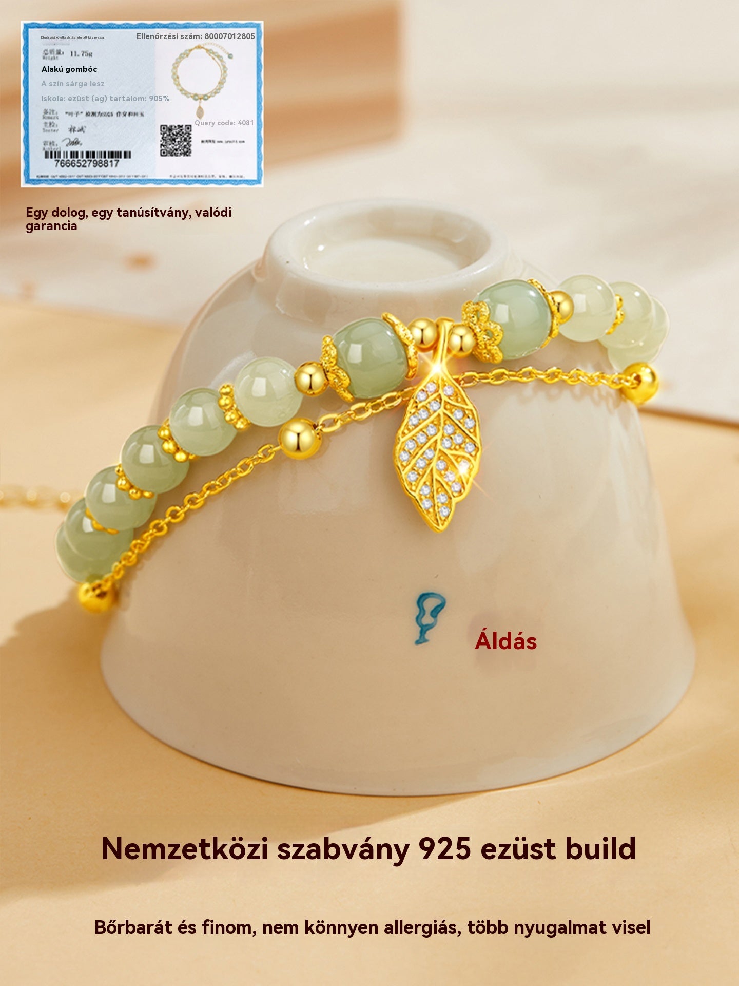 ✨ Vadonatúj 14K arany Hetian jade karkötő