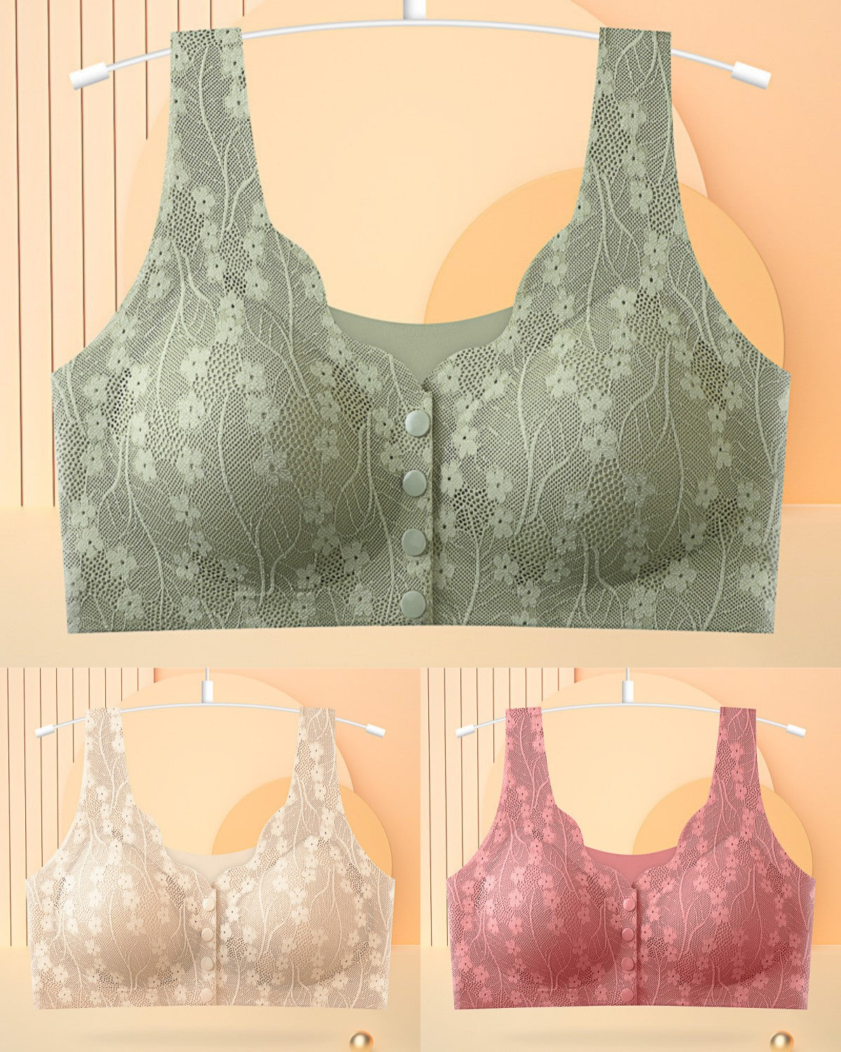 😍【3 darab】【40-100KG】Női vezeték nélküli csipke melltartó elülső rögzítéssel