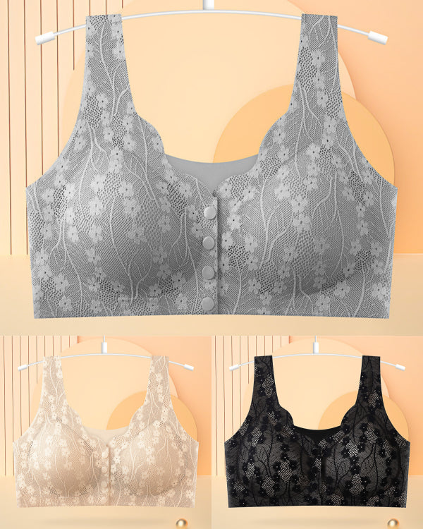 😍【3 darab】【40-100KG】Női vezeték nélküli csipke melltartó elülső rögzítéssel