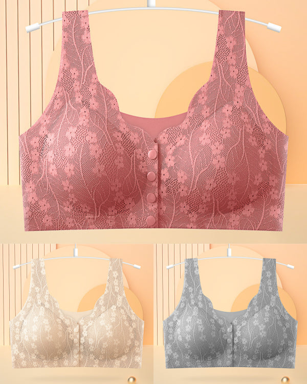 😍【3 darab】【40-100KG】Női vezeték nélküli csipke melltartó elülső rögzítéssel