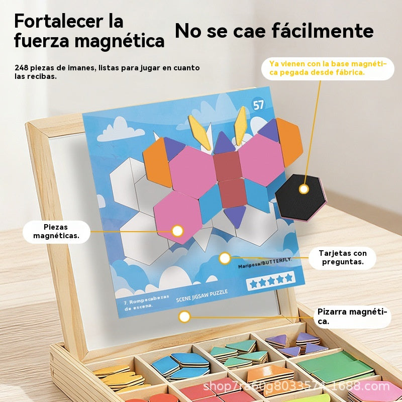 👶🌈🧩【248 darabos】🔥Mágneses fa tangram kirakós játék, agytréning és oktató játék gyerekeknek, gondolkodást serkentő